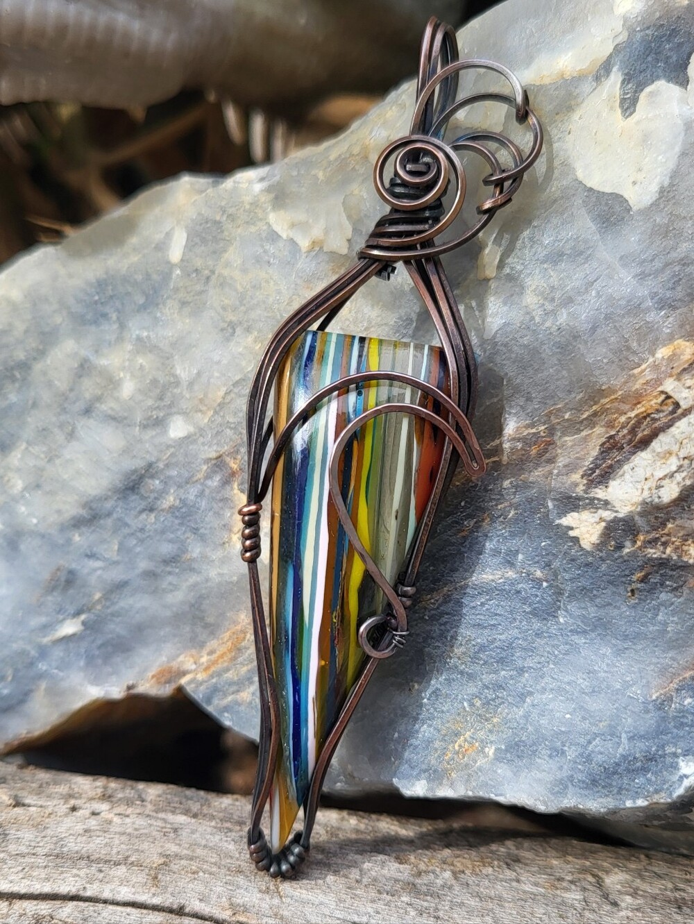 Artisan Surfite Cabochon Pendant W/ Hammered Copper Ocean Wabe Accent